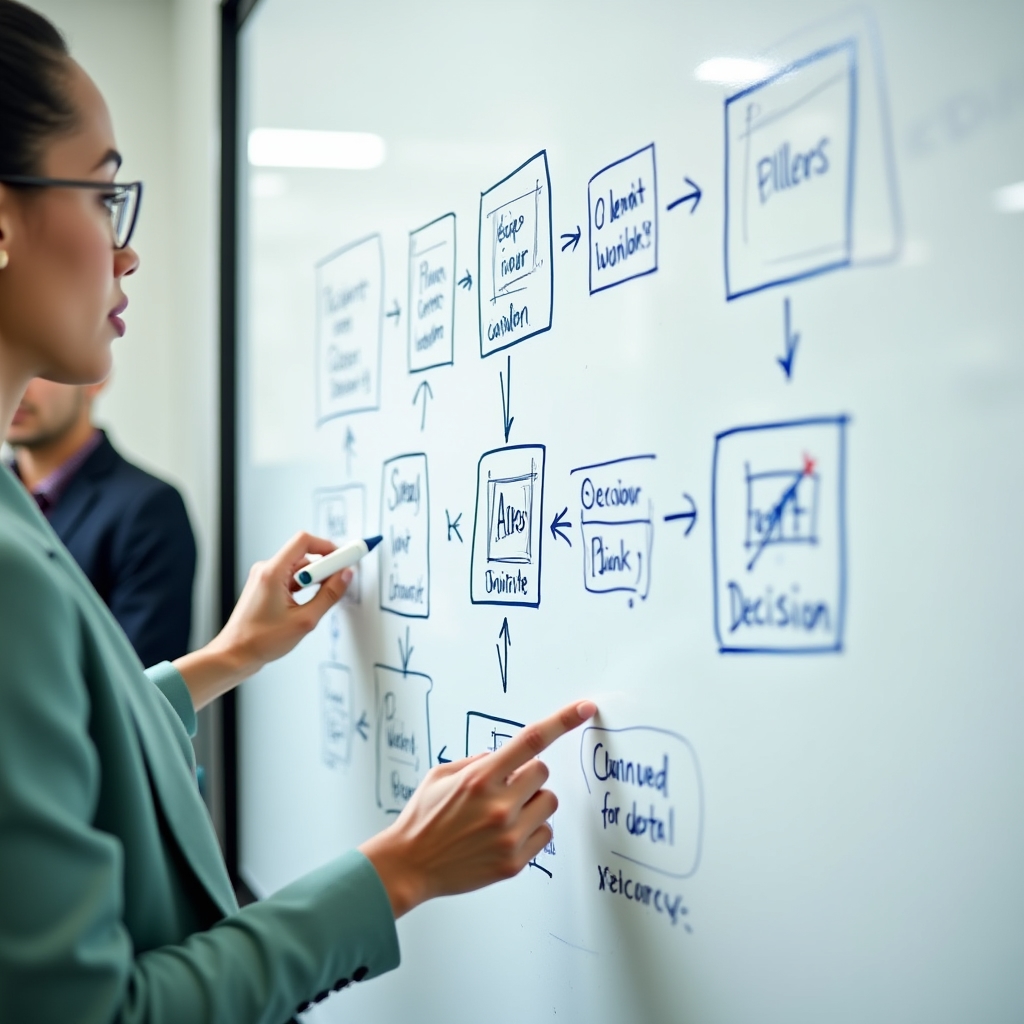 Flowchart diagram on a whiteboard showing a client onboarding sequence with labeled steps and decision points
