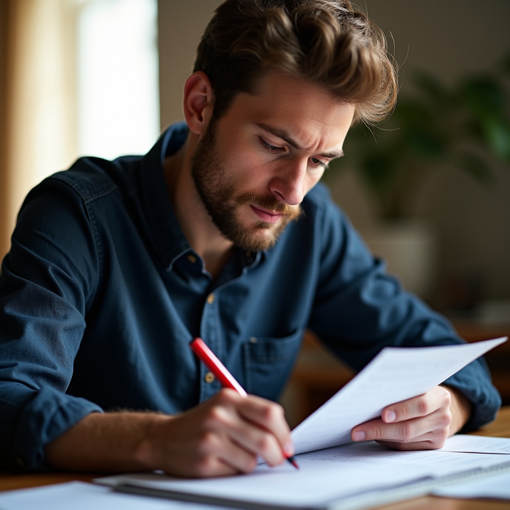 Person reviewing a document with a red pen, making corrections and annotations in a well-lit workspace
