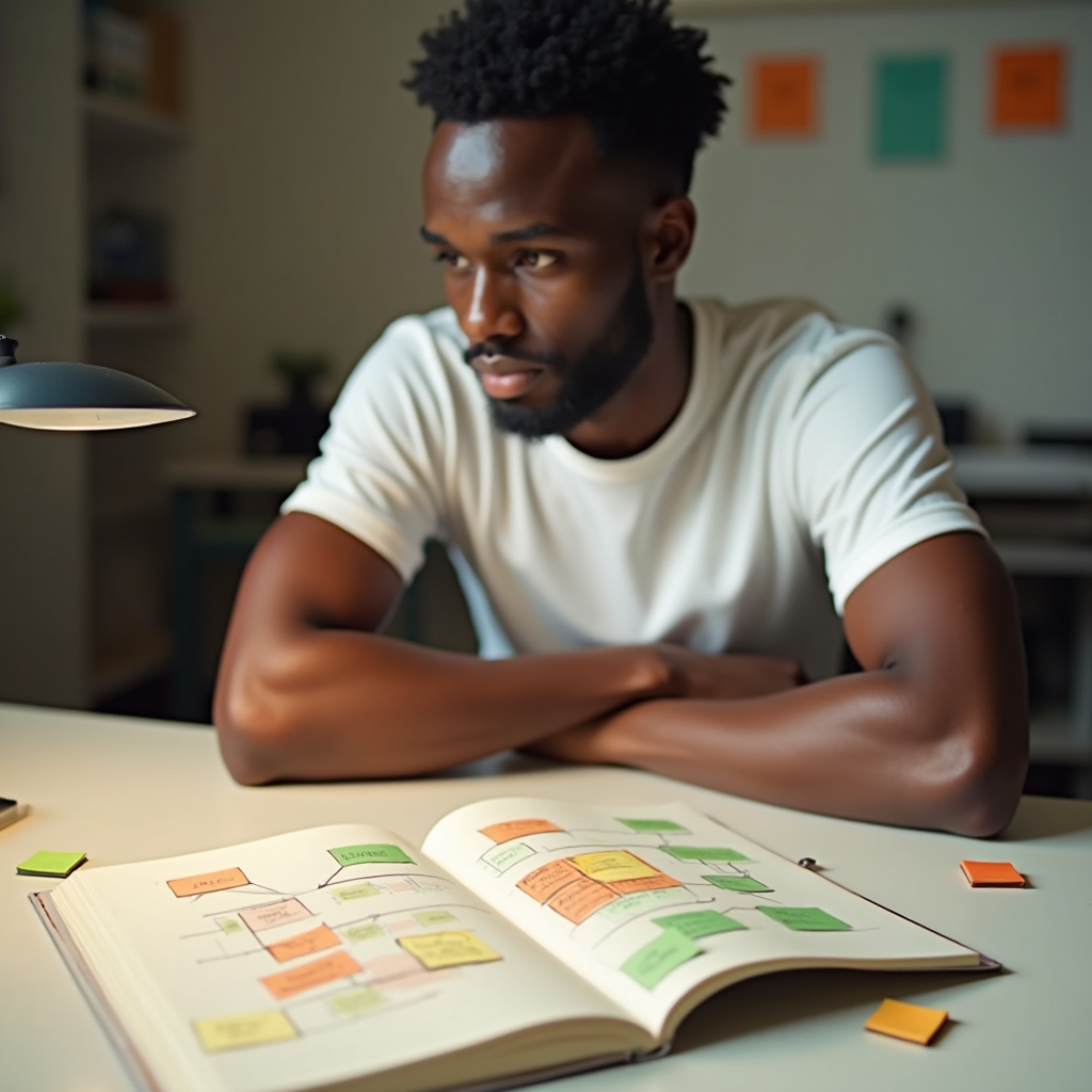 Open notebook with a framework diagram and color-coded sticky notes on a bright desk