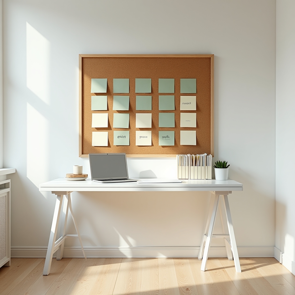 Bright, organized home office with labeled folders, sticky notes on a board, and a calm working environment