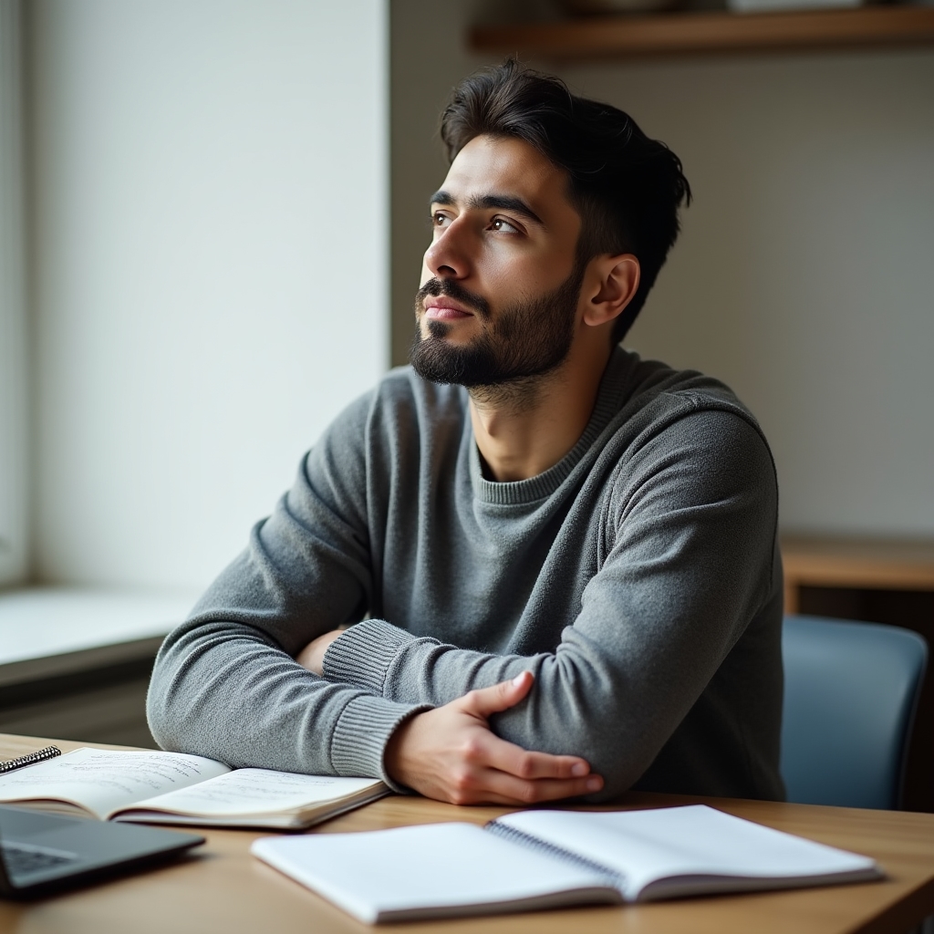 Solo service provider sitting at a desk with a thoughtful expression, surrounded by organized notes and a laptop