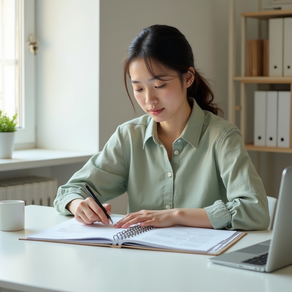 Solo service provider at a clean, organized desk reviewing process documentation